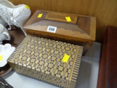 A wooden tea caddy together with a decorative box
