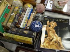 Parcel of vintage hardback books, ceramic spheres together with Woolley & Wallis auction catalogues