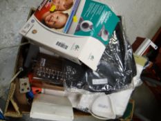 Crate of various household items including coffee filter, shirts etc