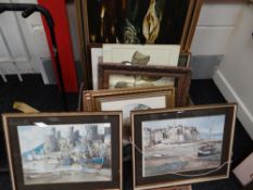 A box of various framed prints, pictures including a watercolour of Caerphilly Castle signed E