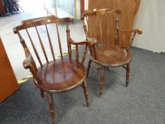 Pair of mahogany spindle back kitchen armchairs