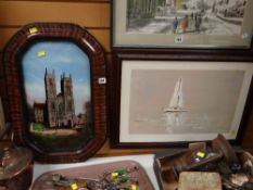 Framed oil on board of yacht at sea together with a framed painted glass image of the front of