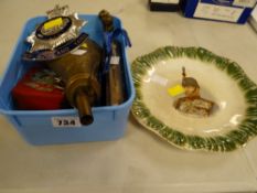 Parcel of mainly military items including powder flask, commemorative plate for General Sir