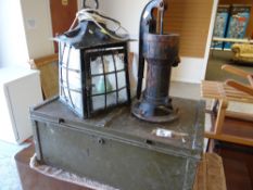 Vintage green metal military box inscribed with Captain C S Saffery R.A. together with water