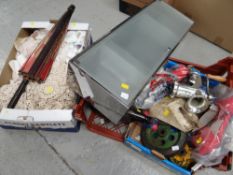 Two crates of various items including vintage linen, bathroom cabinet, small ship's anchors etc