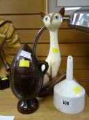 Royal Worcester wine filter, glazed pottery curiosity vessel & a Sylvac cat