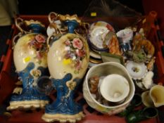 Crate of various china including pair of large decorated twin-handled vases, Capodimonte animal