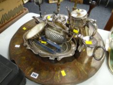 Parcel of various metalware, EPNS teaset, decorated brass tray etc