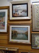 Framed oil on canvas - continental harbour scene with a framed oil on board of an Italian river