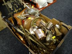 A box of metalware including brass, brassware, copper tankards etc