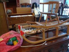 A child's rocker, child's elm rocker, vintage sleigh & skittle set