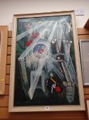 Oil on canvas - semi-abstract knights on horseback & castle, initialled & dated '76, believed by a