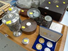 Tray of various collectables including pewter stein & lidded tankard, weighing scales, Jubilee coins