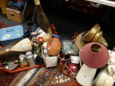 Two crates of various household items including enamel bread bin, water jug, storage jars etc