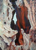 JANIS FRY acrylic on canvas - study of a hollowed ancient yew tree entitled verso 'Heart of Fire',