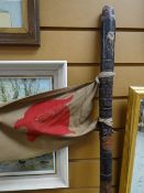 An unusual carved & decorated Cardiff Scout walking staff with flag