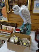 Large ceramic figure of a stork, miner's lamp & vintage wine cooler