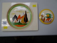 A Clarice Cliff plate decorated later together with a lid