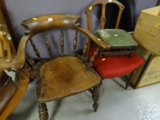 A vintage elm farmhouse-style armchair together with a decorative bedroom chair & small footstool
