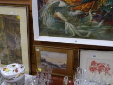 Linocut of male leading horses, Edwardian watercolour of a ship at sea, signed E HEATH & a silk