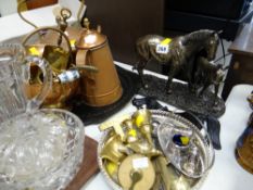 A parcel of metalware including copper kettle, brassware, horse sculpture