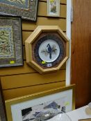 A modern framed collage, bird plate etc