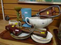 Shooting stick, blue decorated glass vase, vintage china plates, tie press etc