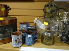 A vintage hanging paraffin lamp, a parcel of Ewenny pottery, various commemorative mugs etc