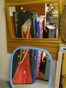 A modern wooden gilt framed mirror together with another wall mirror