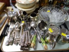 A parcel of loose King's pattern & other cutlery, glass bowls etc