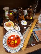 Tray of various china etc including small Poole pin dish, lustre jugs, modern mantel clock etc