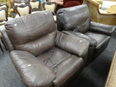 Two brown leather electric recliners E/T