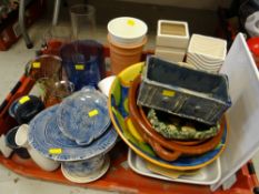 Crate of various continental decorated kitchen china, glass vases etc