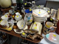 Tray of various china including Wade, Masons jugs, lustre ware, tureens etc