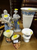 Two Royal Doulton Toby Jugs, Wedgwood vase, continental figures etc