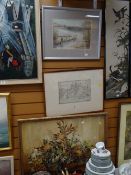 Framed lithograph of the University & Chamberlain Square, Birmingham, framed oil on board of a still