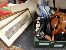 Crate of items including portable typewriter, ship's wheel clock, lamps, hunting prints etc E/T