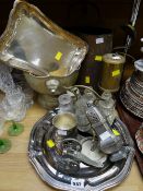 Parcel of metalware including EPNS salver, large copper measuring jug etc
