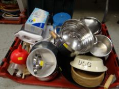 A crate of various kitchen utensils, saucepans, dog bowls etc