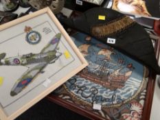 A vintage naval bicorne hat & two military related framed tapestries