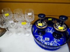 Pair of painted blue glass vases & bowl, wine glasses