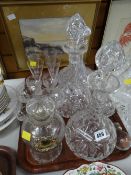 A pair of vintage port decanters, ship's decanter, vintage glassware, two modern carafes