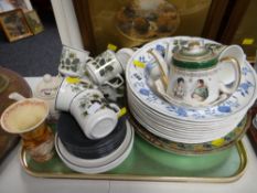 A tray of teaware, blue & white soup bowls etc