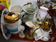 Crate of various household china including a lustre jug, milk glass vase, platters, mugs etc