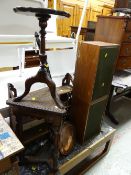 A small triangular carved top side table, wine table, copper bed pan, vintage speakers, small wall