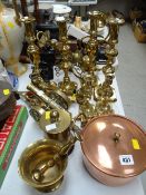 Collection of various brassware, candlesticks, trivet, pestle & mortar, copper pot etc