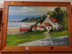 Framed oil on board 'A View Across Swansea Bay Towards Mumbles Lighthouse & Lifeboat Station' by B V