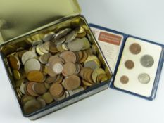 A tin of various pre-decimal coinage together with a Britain's First Decimal Coins pack