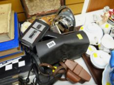 Vintage wooden box together with vintage cameras etc