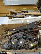 Parcel of vintage woodwork tools, saws, blow lamps etc